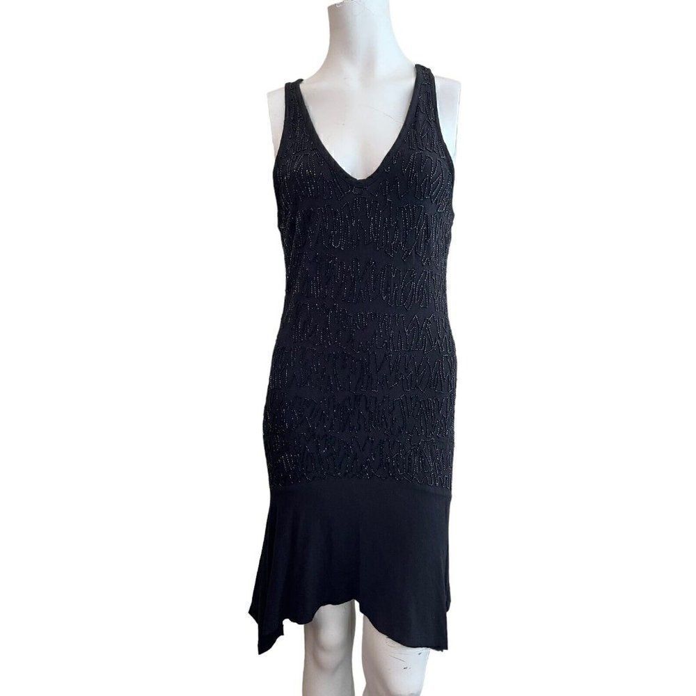 Nicole Miller Medium Black Beaded Sleeveless Party Dress Racerback V Neck